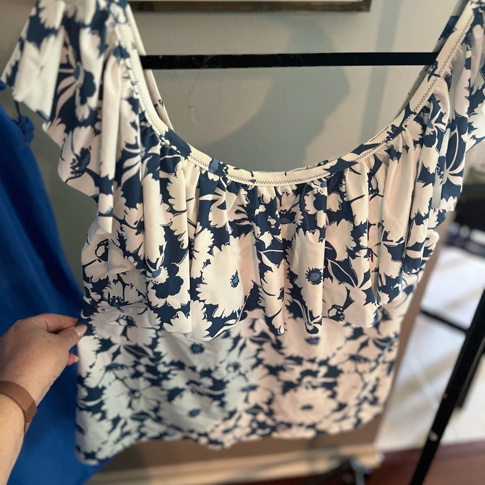 Elegant Floral Navy and White Swim Blouse with Skirt Bottoms